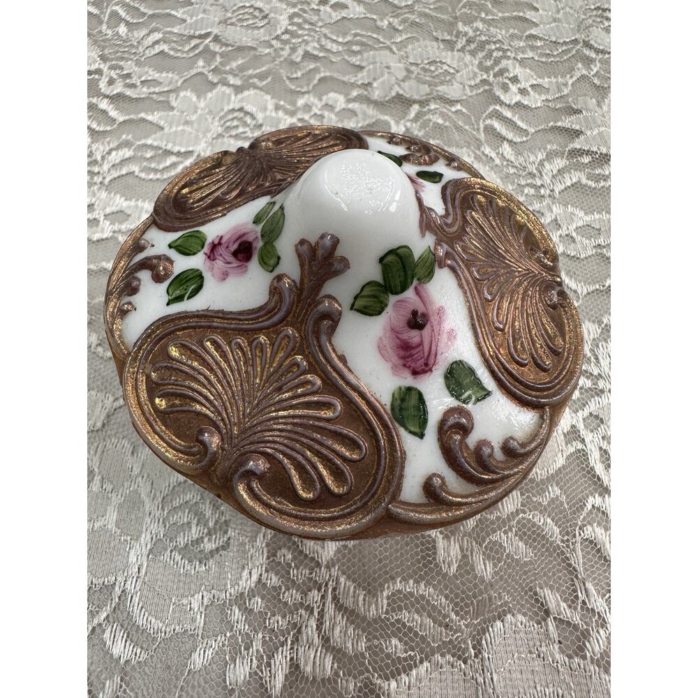 Vintage Trinket Hollywood GOLD GILT Floral Fleur Covered Vanity Bowl Handpaint